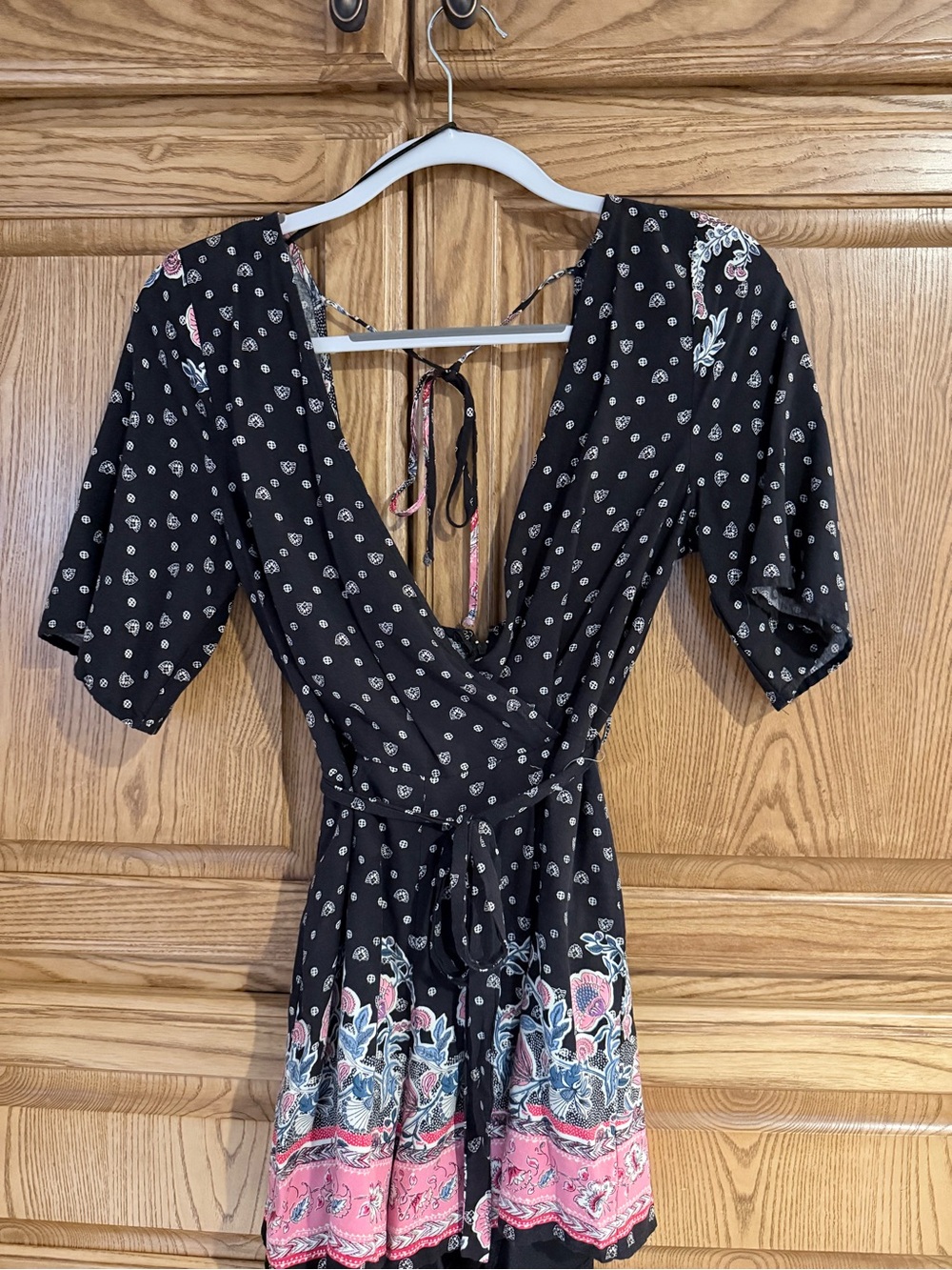 Black Floral V-Neck Wrap Dress/Romper with Pink Border
